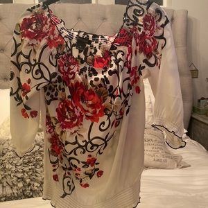 Smocked boat neck silk blouse with floral print from White House Black Market